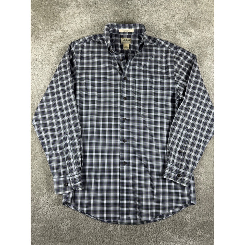 LL Bean Mens Small Purple Green Plaid Wrinkle Resistant Cotton Button Down Shirt